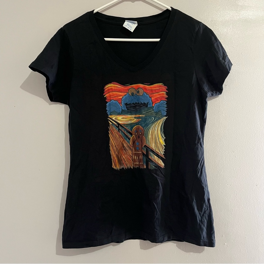 Port & Company Black T-Shirt women’s Cookie Monster & gingy size medium v neck - Picture 2 of 5